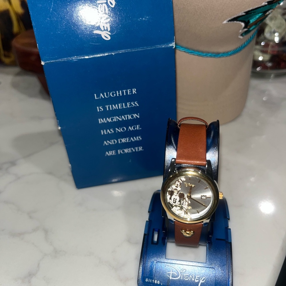 Vintage Disney Gold-Tone Watch with Brown Strap